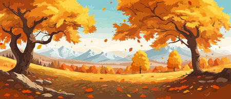Countryside panorama in autumn, vector horizontal banner of autumn landscape mountainsのイラスト素材