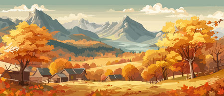 Countryside panorama in autumn, vector horizontal banner of autumn landscape mountainsのイラスト素材