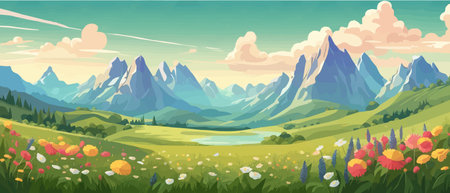 The landscape in different places is rich and magnificent. Vector background illustration.のイラスト素材