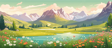The landscape in different places is rich and magnificent. Vector background illustration.のイラスト素材