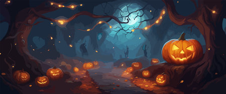 vector halloween haunted old graveyard lit by the glow of the full moonのイラスト素材