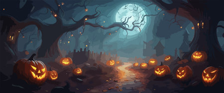 vector halloween haunted old graveyard lit by the glow of the full moonのイラスト素材