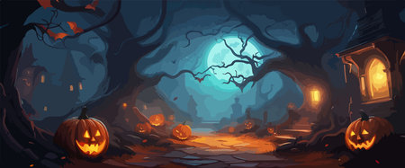 vector halloween haunted old graveyard lit by the glow of the full moonのイラスト素材