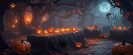 vector halloween haunted old graveyard lit by the glow of the full moonのイラスト素材