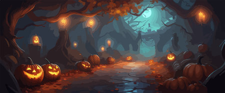 vector halloween haunted old graveyard lit by the glow of the full moonのイラスト素材