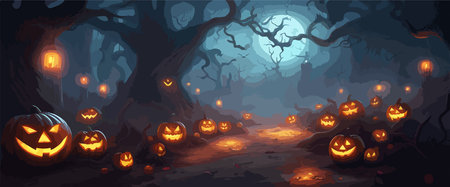 vector halloween haunted old graveyard lit by the glow of the full moonのイラスト素材