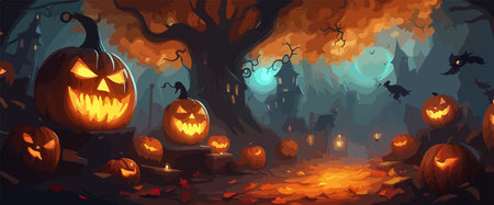 vector halloween haunted old graveyard lit by the glow of the full moonのイラスト素材