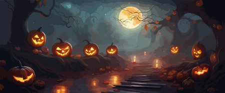 vector halloween haunted old graveyard lit by the glow of the full moonのイラスト素材