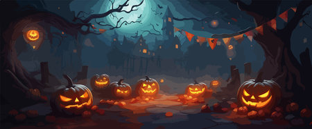 vector halloween haunted old graveyard lit by the glow of the full moonのイラスト素材