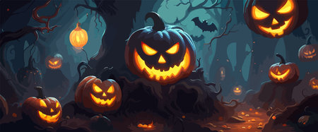 vector halloween haunted old graveyard lit by the glow of the full moonのイラスト素材