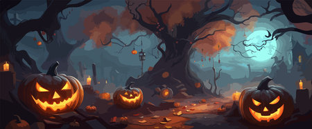 vector halloween haunted old graveyard lit by the glow of the full moonのイラスト素材