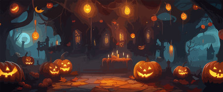 vector halloween haunted old graveyard lit by the glow of the full moonのイラスト素材