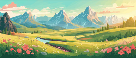 The landscape in different places is rich and magnificent. Vector background illustration.のイラスト素材