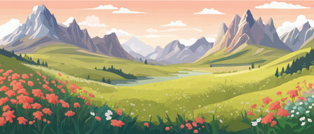 The landscape in different places is rich and magnificent. Vector background illustration.のイラスト素材