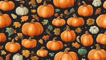 pumpkins and fall leaves seamless pattern. Autumn harvest wallpaper.のイラスト素材