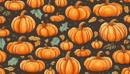 pumpkins and fall leaves seamless pattern. Autumn harvest wallpaper.のイラスト素材