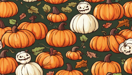 pumpkins and fall leaves seamless pattern. Autumn harvest wallpaper.のイラスト素材