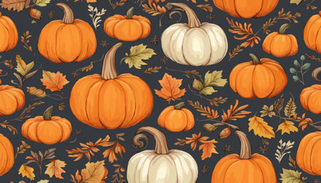 pumpkins and fall leaves seamless pattern. Autumn harvest wallpaper.のイラスト素材