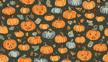 pumpkins and fall leaves seamless pattern. Autumn harvest wallpaper.のイラスト素材