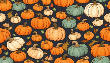 pumpkins and fall leaves seamless pattern. Autumn harvest wallpaper.のイラスト素材