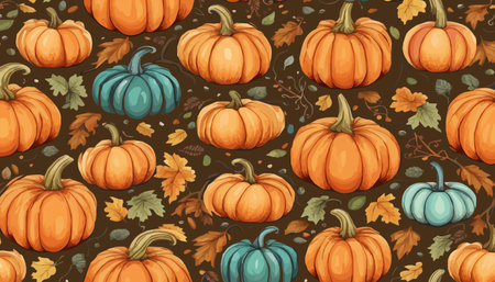 pumpkins and fall leaves seamless pattern. Autumn harvest wallpaper.のイラスト素材
