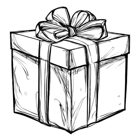 Hand drawn sketch of gift box. Vector illustration isolated on white background.のイラスト素材