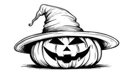 Sketch of a pumpkin face. Halloween pumpkin drawing, scary faces, jack o lantern engraving for autumn holidayのイラスト素材