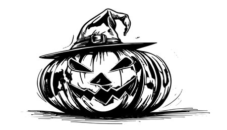 Sketch of a pumpkin face. Halloween pumpkin drawing, scary faces, jack o lantern engraving for autumn holidayのイラスト素材