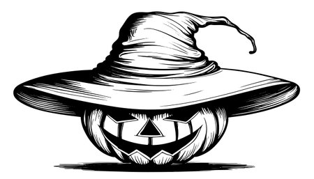 Sketch of a pumpkin face. Halloween pumpkin drawing, scary faces, jack o lantern engraving for autumn holidayのイラスト素材