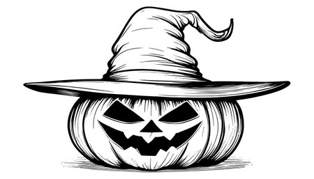 Sketch of a pumpkin face. Halloween pumpkin drawing, scary faces, jack o lantern engraving for autumn holidayのイラスト素材