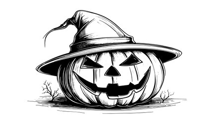 Sketch of a pumpkin face. Halloween pumpkin drawing, scary faces, jack o lantern engraving for autumn holidayのイラスト素材