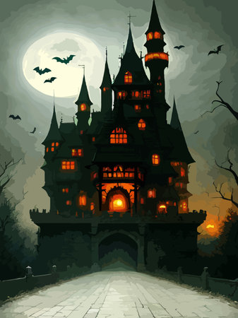 halloween night vector background. creepy halloween castle. scary castle vector illustration vertical posterのイラスト素材