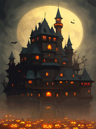 halloween night vector background. creepy halloween castle. scary castle vector illustration vertical posterのイラスト素材