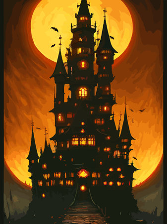 halloween night vector background. creepy halloween castle. scary castle vector illustration vertical posterのイラスト素材