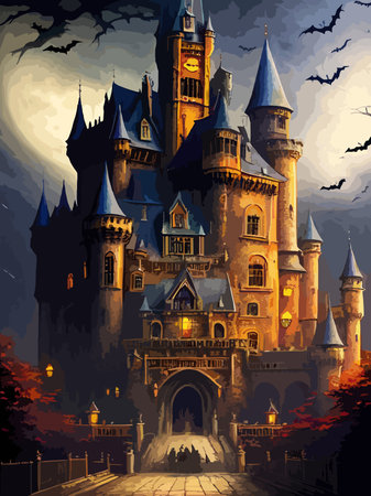 halloween night vector background. creepy halloween castle. scary castle vector illustration vertical posterのイラスト素材