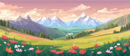 The landscape in different places is rich and magnificent. Vector background illustration.のイラスト素材