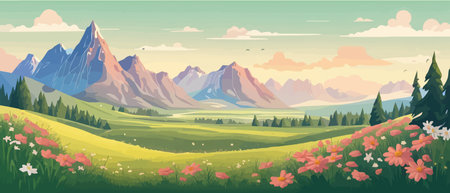 The landscape in different places is rich and magnificent. Vector background illustration.のイラスト素材