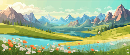 The landscape in different places is rich and magnificent. Vector background illustration.のイラスト素材