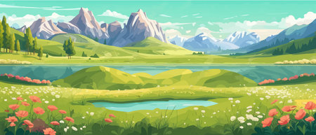 The landscape in different places is rich and magnificent. Vector background illustration.のイラスト素材