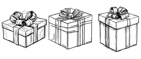 Vector set of Christmas or birthday ornate present boxes simple line sketch isolated on white. sketch artのイラスト素材