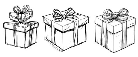 Vector set of Christmas or birthday ornate present boxes simple line sketch isolated on white. sketch artのイラスト素材