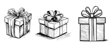 Vector set of Christmas or birthday ornate present boxes simple line sketch isolated on white. sketch artのイラスト素材