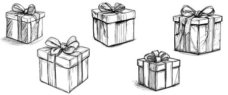 Vector set of Christmas or birthday ornate present boxes simple line sketch isolated on white. sketch artのイラスト素材