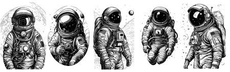Vector black simple sketch line of astronaut isolated on white set.のイラスト素材