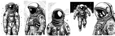 Vector black simple sketch line of astronaut isolated on white set.のイラスト素材