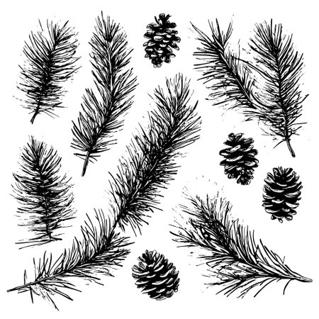 Vector line drawing. Christmas tree branches and cones drawn by a black line on a white background.のイラスト素材