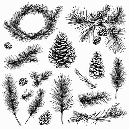 Vector line drawing. Christmas tree branches and cones drawn by a black line on a white background.のイラスト素材