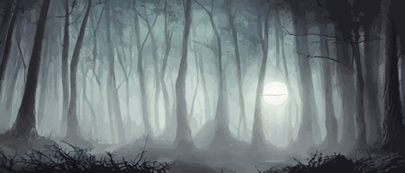 Misty forest. Dark tree silhouette. Tree tricks in the blue mist. Fog in the night forest illustration banner. Spooky forest with full moon and floor. Without leaves and branches of autumn.の素材