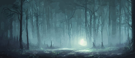 Misty forest. Dark tree silhouette. Tree tricks in the blue mist. Fog in the night forest illustration banner. Spooky forest with full moon and floor. Without leaves and branches of autumn.の素材