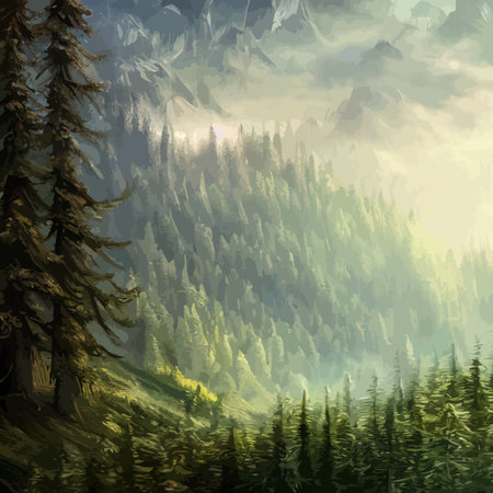 Nature and landscape. illustration trees, forests, mountains, plants. Image for background, card or coverの素材